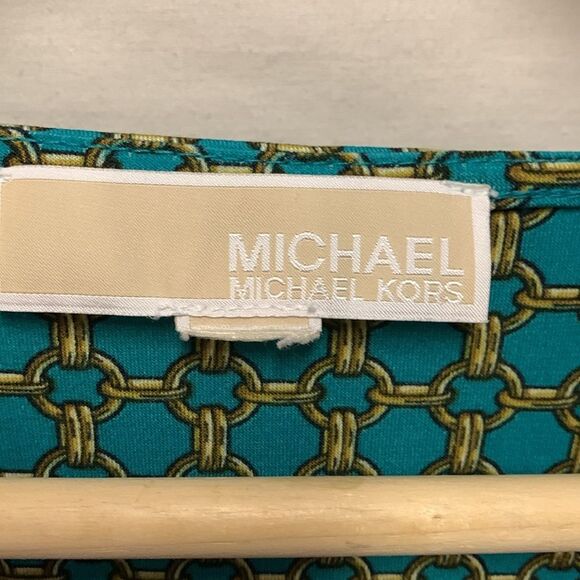 Michael Kors Jade Green Gold Chain Print Silky Knee Length Shift Dress Size S - Picture 5 of 11